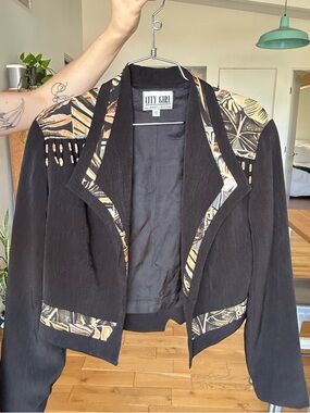 Vintage “City Girl” Black Cropped Jacket with Tropical Trim